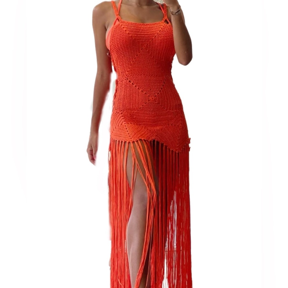Orange Crochet Fringe Dress